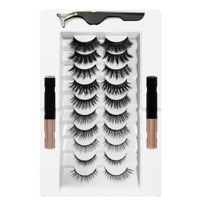 China Wholesale Custom 10 Winged 10 Pairs 3d Magnetic Faux Mink Eyelashes with 2 Magnetic Eyeliner and 1 Tweezers Lash Kit for sale