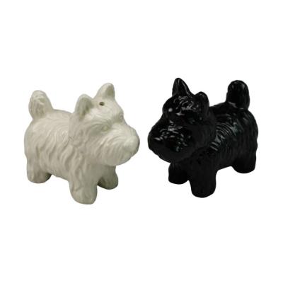 China Sustainable Promotional Gift Black And White Dog Shaped Ceramic Set Salt And Pepper Shaker for sale