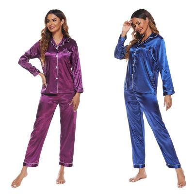 China 2022 Spring Women's QUICK DRY OEM Pajamas Artificial Silk Satin Plus Size Long Sleeve Cardigan Blouse And Pants Sleepwear Sets for sale