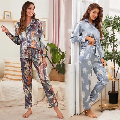 China Spring QUICK DRY 2022 Women's Stretch Satin Pajamas Floral Cardigan Shirt And Pants Sleepwear Two Piece Set for sale