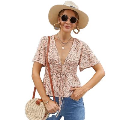 China Anti-pilling 2022 spring and summer petal shorts sheath sexy deep V neckline women's floral top fashion ruffle T-shirt for sale