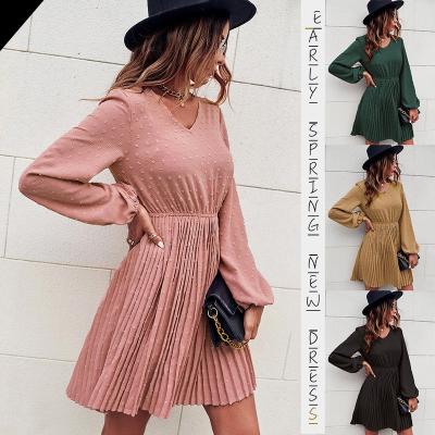 China Spring Washable 2022 Women Dresses Long Sleeve V-Neck Pleated Lady Elastic Ruffled Casual Waist Office Dresses for sale