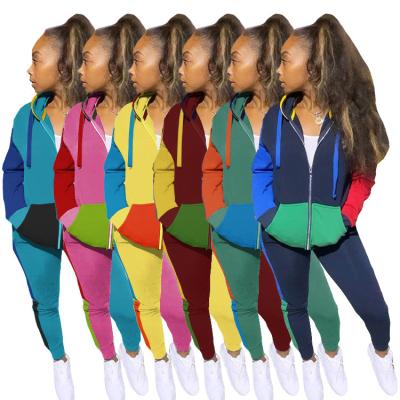 China Plus Size Womens Breathable Tracksuit Zipper Hoodies Sweatshirt and Jogger Pants Color Contrast Blocks Sweatsuit Two Piece Set for sale