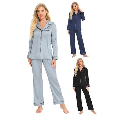 China 2022 QUICK DRY Women's Silk Long Spring Spring Satin Long Pants Pajamas Sets OEM ODM Leisure Sleeve Cardigan Blouse Blouse Two Piece Sets for sale