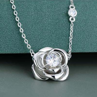 China TRENDY 925 Sterling Silver Camellia Necklace for Women Certificate of Authenticity 0.5ct Moissanite Diamond Necklace With GRA gift for for sale