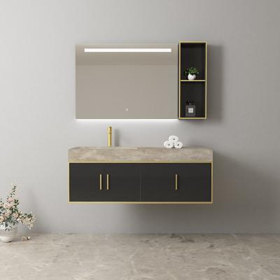 China Modern Luxury Modern Wall Hung Golden Color Stainless Steel Framed Wooden Sink Bathroom Cabinets for sale