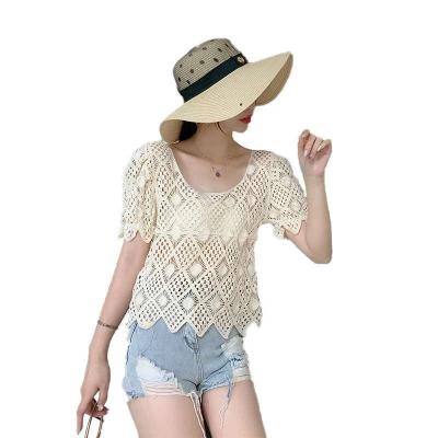 China 2020 new style women's anti-static top loose pullover shorts women's thin hollow T-shirt beach blanket for sale