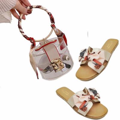 China W&A 2020 fashion rhinestone slip on bow flat sandals and matching round bucket bags for women and ladies for sale