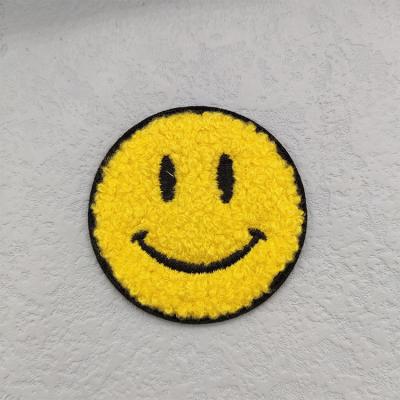 China Sustainable 2023 Fashion Trend Apparel Custom Clothes Hats To Bag Smiley Face Chenille Iron On Patches Badges for sale