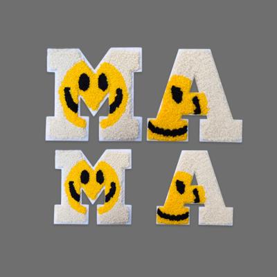 China Viable Custom Wholesale Mother's Day Clothes MOM Smiley Patches Clothing Bag Hats Face Chenille Letters for sale