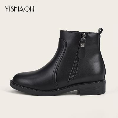 China China Wholesale Woman Round Durable Winter Over Booties Black Ankle Booties Heel Flat Lady PU Leather Boots Women Shoes for sale