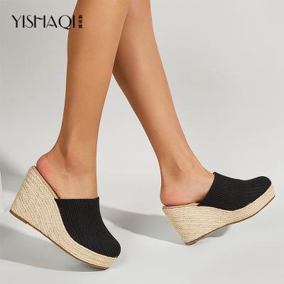 China Fashion Trend 2022 Summer Fashion Straw Wedge Heel Heightening Platform Soft Slippers Women Wedge Slippers for sale