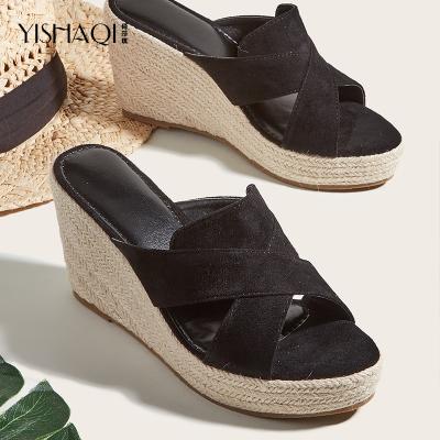 China Fashion Trend Ladies Summer Shoes Platform Wedge High Heel Slippers New Peep Toe Slippers OEM Women Shoes PU Leather for sale