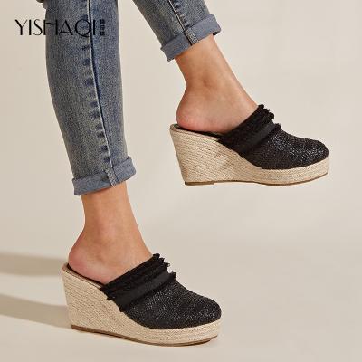 China Fashion trend 2022 new summer fashion peep toe sandal shoes straw platform shoes wedge mules slippers for women and ladies for sale