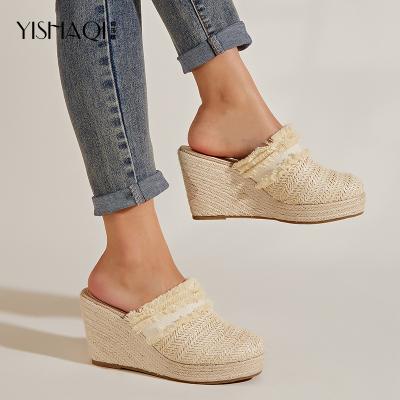 China Fashion Trend Covered Toe Platform High Heels Slippers New Women Summer Sandals Heel Wedges Women's Mules Slippers for sale