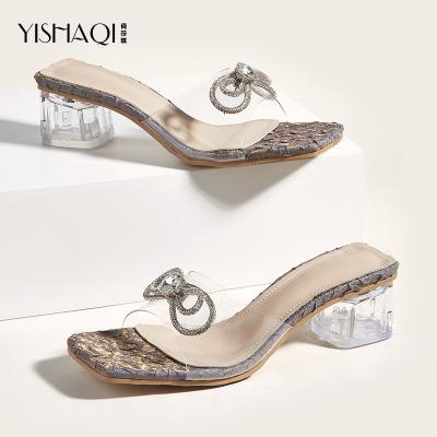 China Wholesale High Heel Crystal Diamond Bow Women Sandals Transparent Slippers Fashion Trend Summer Elegant Women Slippers For Ladies for sale