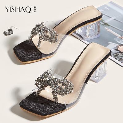 China Fashion Trend Wholesale Customize Slippers New Fashion Diamond Crystal Bow Transparent High Summer Heels Slippers For Women for sale