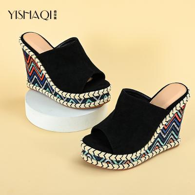 China Fashion Trend 2022 Summer Fashion Woman Style Platform Black Bohemian Shoes Tilt Strap Wedge High Heel Slippers for Women and Lady for sale