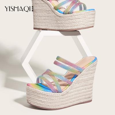 China Wholesale Fashion Trend Straw Slippers Fashion Colored Cross Belt Custom Rubber Platform Shoes Summer Wedge Slippers For Women for sale