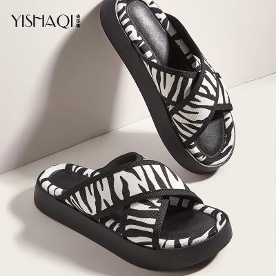 China Wholesale Summer Women Fashion Trend China Slippers Double Bottom Thick Black White Zebra Pattern Cross Tie Up Flat Slippers for sale