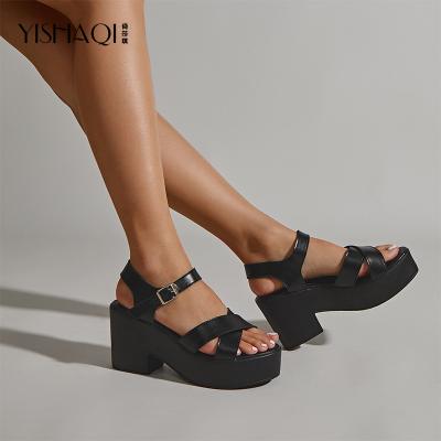 China Fashion Trend Designer New Fashion Platform Sandals Black PU Leather Heeled Sandals For Women And Ladies Shoes for sale