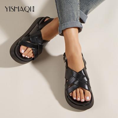 China 2022 Fashion Trend Wholesale PU Braided Summer Adjustable Women's Platform Sandals Black Buckle Beach Sandals Metal Flat Sandals for sale