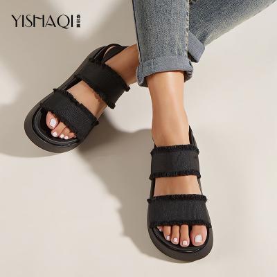 China 2022 Fashion Trend Custom Flat Sandal Double Layer PU Leather Thick Bottom Sladies Shoes Fashion Sandals Women Platform Sandals for sale