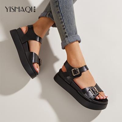 China Fashion Trend China Ladies Custom Flat Sandal Double Layer Sladies Summer Sandals Women Thick Bottom Leather Platform Sandals for sale