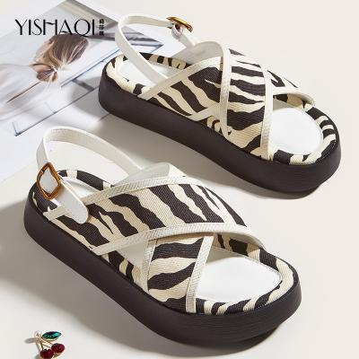 China Wholesale Fashion Trend Summer Comfortable Women Shoes Zebra Pattern Metal Buckle Flat Female Sandals Adjustable Platform Sandals for sale