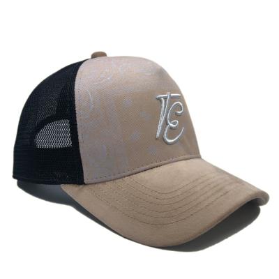 China Fashion 5 Panel 100% Acrylic Embroidery Logo COMMON Custom Sublimation Design OEM Suede Brim Trucker Hat Mesh Hats for sale