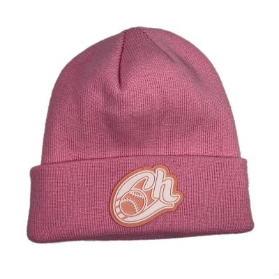 China Fashion COMMON Pink OEM Wholesale Logo Winter Beanie Hat Acrylic Custom Hat With Rubber Patch for sale