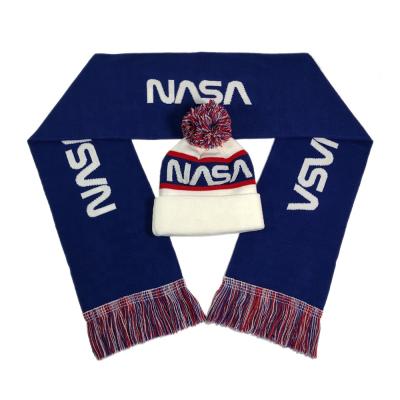 China Comfortable 100% OEM Fan Clubs Jacquard Design Beanie Double Side Knitted Scarf Set Custom Acrylic With Logo for sale