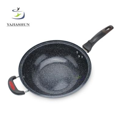 China Professional Wholesale 32cm Non-Stick Marble Coating Stone Viable Stir-Fry Cooking Wok Pan with Bakelite Handle for sale