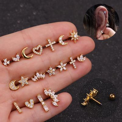 China NUORO 1PC CZ Flower Heart Moon Cartilage Tiny CLASSIC Stud Earring For Women Girl Helix Tragus Stainless Steel Zircon Ear Piercing for sale