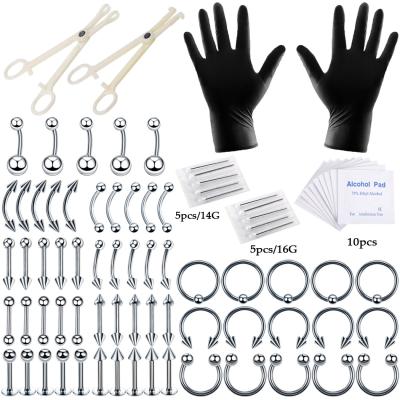 China NUORO Professional CLASSIC 84pc/set 16G Piercing Navel Tongue Lip Eyebrow Clamp Gloves Needles Machine Stainless Steel Piercing Kit for sale