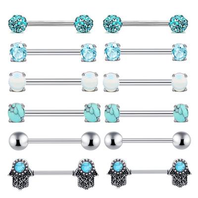 China NUORO 14G Stainless Steel Barbell Nipple Piercing CLASSIC For Women Screw CZ Opal Turquoise Palm Nipple Rings Blue for sale