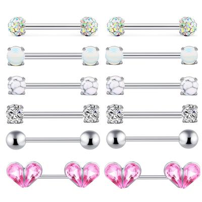 China NUORO 6Pair/set 14G CLASSIC Crystal Opal Nipple Piercing Set For Women Straight Barbell Stainless Steel Heart Nipple Ring for sale