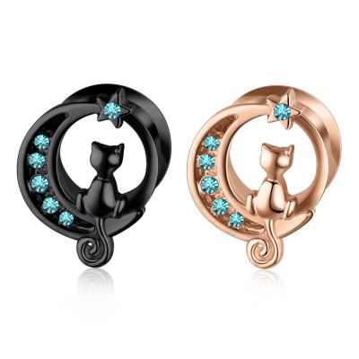 China NUORO Punk Black Cat On The Moon Ear Expander Women Piercing Man Tunnels Stainless Steel Ear Piercing Jewelery for sale