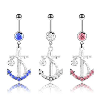 China Hiphop Anchor Punk Belly Button Piercing Clear Zircon Belly Button Rings Body Piercing Navel Piercing Dangle Belly Button Ring Gift Blue Pink for sale