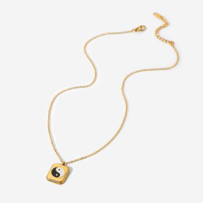 China Fashion 18K Gold Plated Punk Stainless Steel Yin Yng Drop Oil Square Necklace Black And White Pendant Jewelry for sale