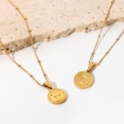 China TRENDY Vintage Double Sided Elizabeth Coin Necklace For Women Carved Beading 18K Gold Plating Stainless Steel Coin Chain Necklace for sale