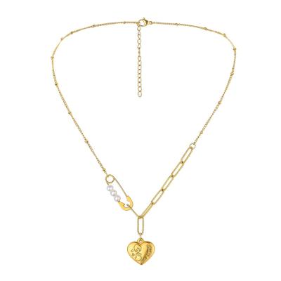 China Trendy 18K Gold Love Heart Pin Pearl Necklaces For Women Gift Fine Jewelry Sister Heart Stainless Steel Necklace for sale