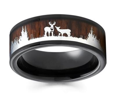 China Vintage Nature Animal Black Rose Gold Color Tungsten Wedding Wood Band Inlay Buck Shade Deer Hunting Ring Anillos de boda for sale