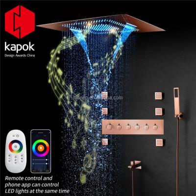 China Ceilingless Sliding Bar 32*24 Inch LED Shower Head With Music Speaker Thermostatic Rain Shower And Waterfall Waterfall Bathroom Shower Faucet Set for sale