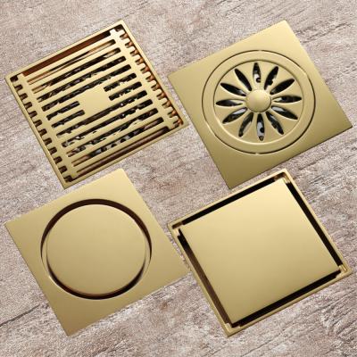 China HIDEEP Modern Bathroom Shower Drain 10x10cm Brass Champagne Gold Anti-Smell Floor Drain for sale