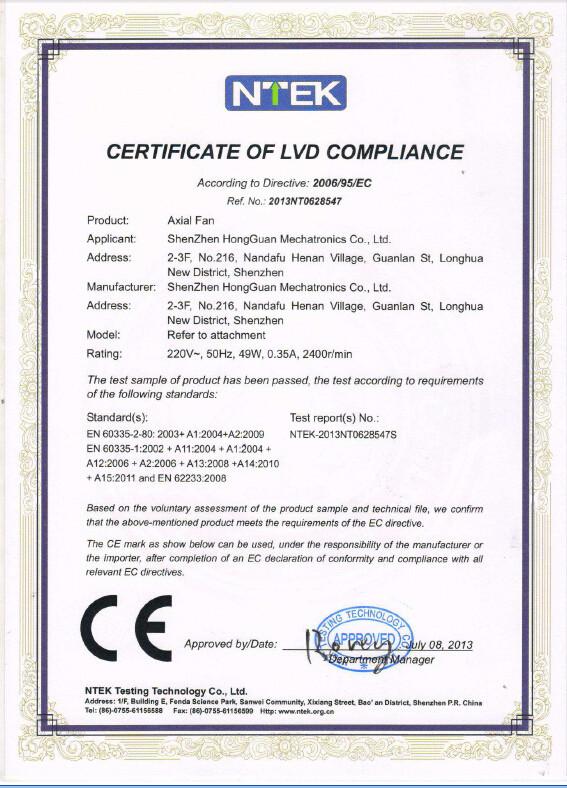 CE Certificate of LVD compliance - Shenzhen Hongguan Mechatronics Co., Ltd