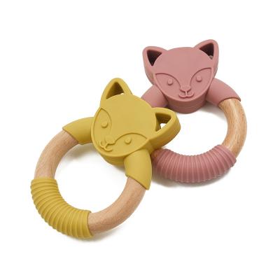 China 100% Hot Sale Food Grade Silicone Teether Animal Fox Ring Silicone Teether Woods Form Baby Teething Toys for sale