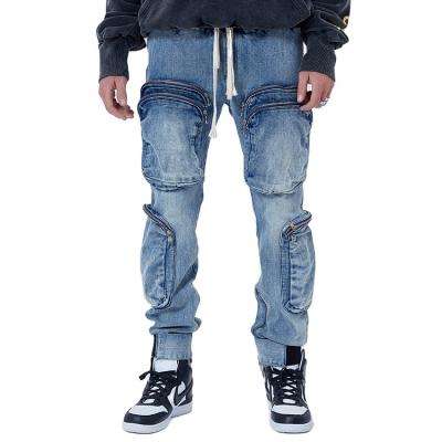 China men's plus size casual jeans ankle gathered high quality new fashion OEM washed tapered men's jeans Multi-pocket metal zippers for sale