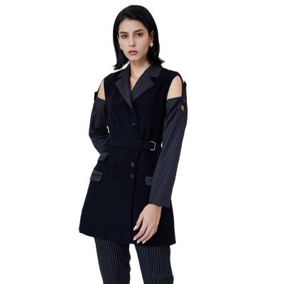 China New Fashion Breathable Off-the-Shoulder Merchant Blazer Set For Women Stripe Color Block Trendy Blazer With Cross Belt Women Suit for sale