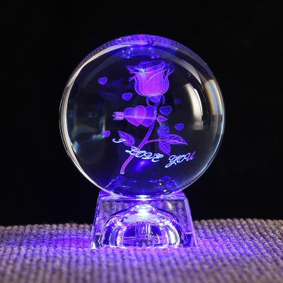 China Desk Decoration Birthday Gift flower 3D Laser Crystal Ball with Led Light Base for sale